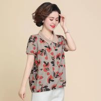 中年妈妈夏装外套洋气单件套中老年女短袖T恤上衣阔太太碎花衬衫 红花 L 建议90斤左右