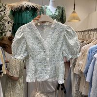 木耳边泡泡袖拼接蕾丝短袖衬衫女装夏季新款气质显瘦百搭韩版上衣 蓝色 S 建议70-90斤