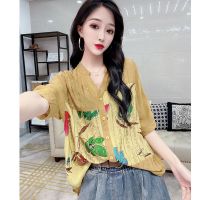 欧洲站2021夏装新款洋气拼接烫钻V领上衣女宽松棉麻短袖碎花衬衫 黄色 XXS 收藏店铺送小礼物(勿拍)