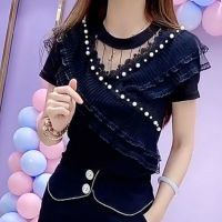[单/套 ]短袖T恤女洋气百搭修身显瘦钉珠蕾丝拼接镂空领打底衫 黑色上衣 L 90-105斤