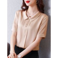 仿真丝衬衫女士短袖2021春夏装杭州丝绸上衣小衫宽松仿桑蚕丝衬衣 香槟色(220) M (建议93-105斤)