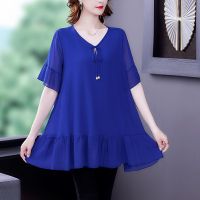 贵夫人加肥大码女装雪纺衫宽松遮肚夏季短袖中长款胖mm200斤可穿 蓝色0327# 偏大,收藏店铺优先发货 L 95-11