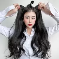 假发女长卷发一片式无痕接发片带帽子假发一体保暖隐形蓬松大波浪 60cm--自然黑