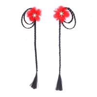 民族风儿童顶夹花朵麻花假发辫子公主女宝宝发夹发卡对夹发饰 单花细辫(大红色)