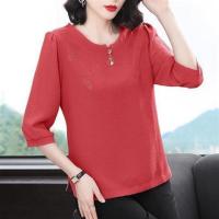 七分袖女上衣中年妈妈洋气韩版T恤气质显瘦大码中袖上衣打底衫女 砖红色9945A L建议[105斤以下]