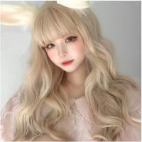 二次元Lolita软妹假发女长卷发大波浪日系圆脸可爱cos逼真全头套 米白色送:发网 夹子 无