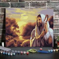 diy数字油画莫奈减压填色画客厅风景花卉猫咪人物油画树木动物鹿 1283耶稣牧羊 40*50cm无框(彩色画布)