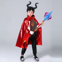 万圣节儿童服装西游记牛魔王cos角色扮演化装舞会男童披风演出服 红色披风+牛角+胸甲+紫武器+眉心贴 90