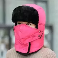 雷锋帽女秋冬季户外骑行加绒保暖帽子男士防风防寒电动车骑车棉帽 玫红普通款+口罩