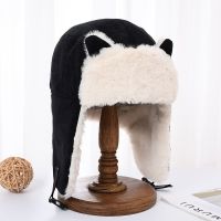 南极人帽子女冬天可爱猫耳朵雷锋帽韩版秋冬保暖冬季时尚骑车防寒 灯芯绒猫耳朵雷锋帽—黑色 成人款(56-58)
