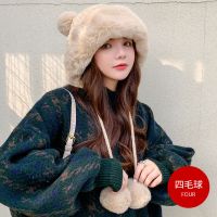 2021新款毛线帽子女士冬季可爱毛球套头帽保暖加绒护耳套头雷锋帽 4毛球帽-米色 均码
