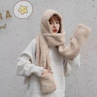 冬款帽子加厚兔子耳朵三件套围巾帽子手套一体保暖雷锋帽可爱学生 光板无耳朵+米色 可爱三件套