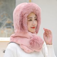 雷锋帽子女冬天韩版户外保暖加厚骑车防风围巾一体毛绒中年妈妈帽 皮紫