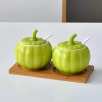 创意陶瓷调味瓶调味罐套装家用厨房用品味精南瓜油盐罐佐料调料盒 绿色南瓜+套二竹板