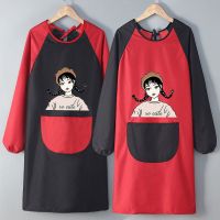 罩衣长袖外套大人男女时尚家用厨房防水防油围裙工作服加绒上衣冬 [反穿均码90-150斤] 防水美女+擦手[黑红颜色随机]