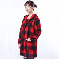 剪毛绒罩衣成人长袖加绒加厚护衣外穿工作服厨房围裙女反穿衣秋冬 J01-红格子 小码90-120斤