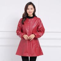 罩衣成人女秋冬季PU皮拉链外套羽绒服护衣长袖厨房围裙时尚工作服 [加绒-皮罩衣]大红 L(建议80-95斤)
