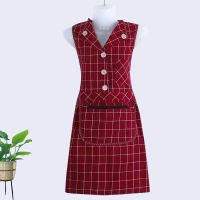 翻领棉布围裙女夏季新款工作服厨房拉链兜日式洋气干活上班用坎肩 大格-坎肩[枣红色]