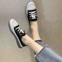 皮面小白鞋女百搭韩版一脚蹬平底休闲板鞋内增高女鞋小邹菊鞋春季 黑色 35 标准码