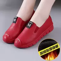 秋冬一脚蹬懒人鞋保暖女鞋软底孕妇防滑豆豆鞋乐福鞋加绒妈妈皮鞋 806 棉鞋红色 35 偏小一码