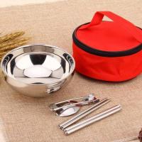户外餐具碗不锈钢便携野营野餐包便携餐具儿童成人碗筷旅行套装 单人款 亮光碗(红)