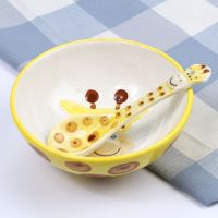 卡通动物图案手绘釉下彩陶瓷碗勺5寸6寸家用米饭碗儿童碗组合套装 长颈鹿 5寸碗+勺