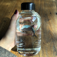 海洋蓝渐变磨砂玻璃杯女男大容量韩版创意学生儿童情侣简约水杯子 透明款(蓝鲸)600ML 杯子