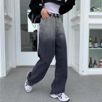 韩版潮服黑灰渐变直筒短裤宽松卷边显瘦直筒A字热裤牛仔裤短裤女 渐变色长裤 S