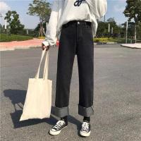 高街条纹牛仔裤女秋季韩版ins复古高腰显瘦学生百搭直筒阔腿长裤 黑[常规版] S