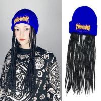 脏辫帽子假发头套发绳女秋冬百搭发套直接戴冷帽雅痞毛线帽韩版潮 卍*火焰蓝帽子 黑色扭博辫 均码(帽子有弹性)