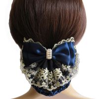 蕾丝花边蝴蝶结职业头花工作盘发头饰加密粗网兜发网宽约10-12cm 蕾丝花边蝴蝶结[兰色]