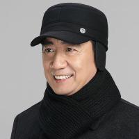 男士帽子冬天中老年加厚棒球帽休闲爸爸帽老人冬季保暖护耳鸭舌帽 平顶五角星-黑色 均码可调节尺寸(有护耳)
