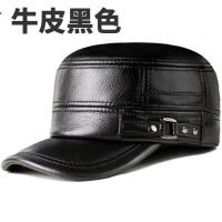 牛皮帽子男冬季真皮帽子男士护耳鸭舌平顶军帽中老年保暖加棉加厚[12月9日发完] 黑色 均码(56-61cm可以调节大小)