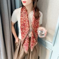 Cfnbharvest品牌棉麻方巾正方形90印花透气优雅空调房护颈围巾女 山楂花橘红色