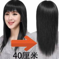 假发女长直发全头套长发逼真假发套中老年妈妈假头发齐刘海中长发 自然黑+发网 40厘米长度