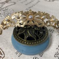 烧蓝发冠汉服配饰古风发簪小发冠头戴饰品明制吊坠小发冠烧蓝 牡丹金冠白白戒面