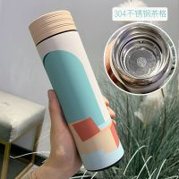 保温杯男女学生清新森系水杯韩版个性潮流简约ins原宿风茶隔杯子 格蕾粉500ML 杯子