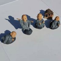 可爱小和尚假山盆景摆件 中式创意微景观家居多肉动物熊猫小房子 蓝色4个 2-4厘米