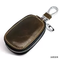 小圆象头层牛皮简约通用汽车钥匙包迷你拉链收纳硬币包挂腰钥匙包 油蜡姜黄