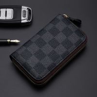 简约大容量拉链钥匙包男女士腰挂牛皮卡包汽车多功能锁匙扣外插卡 格黑-无扣版