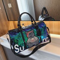 旅行包女大容量短途旅行亮片单肩手提行李包瑜伽包干湿分离登机包 绿色小熊款 普通款[无干湿分离 无鞋位]