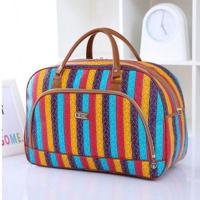 新款韩版大容量男女手提旅行包短途PU皮行李旅行袋时尚简约旅游包 彩虹条纹 小号