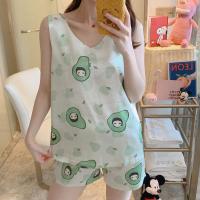 冰丝睡衣女夏吊带韩版薄款甜美女士仿真丝性感V领两件套装家居服 冰丝牛油果女孩背心 无胸垫 M 推荐75-95斤