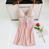 睡衣女夏冰丝性感睡裙带胸垫蕾丝吊带裙小胸聚拢吊带短裤两件套装 A020长裙粉色 M (80斤-100斤)