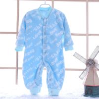婴儿连体衣服加绒保暖睡衣婴幼儿春秋外出服装法兰绒宝宝哈衣爬服 蓝色 适合身高66-73cm