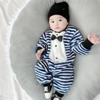婴儿连体衣加绒保暖睡袋秋冬装女宝宝男衣服睡衣新生幼儿外出外套 藏青 法兰绒藏青条纹 59码(建议0-3个月)