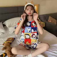 女睡衣 圆领卡通印花短裤短袖宽松韩版家居服两件套 史努比(一套) M