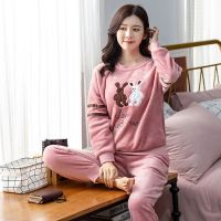 秋冬季加厚女睡衣法兰绒保暖套装女士女生休闲可外穿睡衣家居服 豆沙粉兔子 [裤子有口袋] M 建议70-95斤