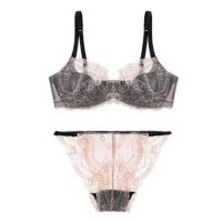[文胸+内裤]夏季新款性感内衣胸罩超薄款聚拢上托蕾丝文胸套装 蜜桃浅粉 85D(配XL号内裤)