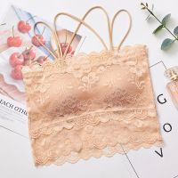 [80-200斤]蕾丝美背内衣女带胸垫吊带背心裹胸防走光薄抹胸文胸 肤色 M[70-100斤]